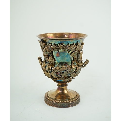 19 - A late George III silver gilt two handled campana vase, maker's mark rubbed, with applied continuous... 