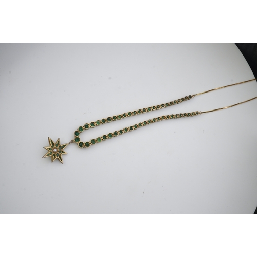 199 - An emerald and pearl necklace, composed of links set with a series of graduated circular-cut emerald... 