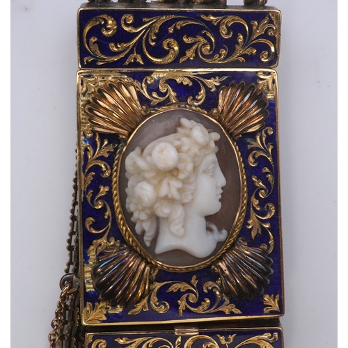 205 - A Victorian shell cameo and enamel bracelet, late 19th century, the clasp set with a shell cameo dep... 