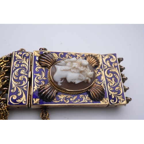 205 - A Victorian shell cameo and enamel bracelet, late 19th century, the clasp set with a shell cameo dep... 