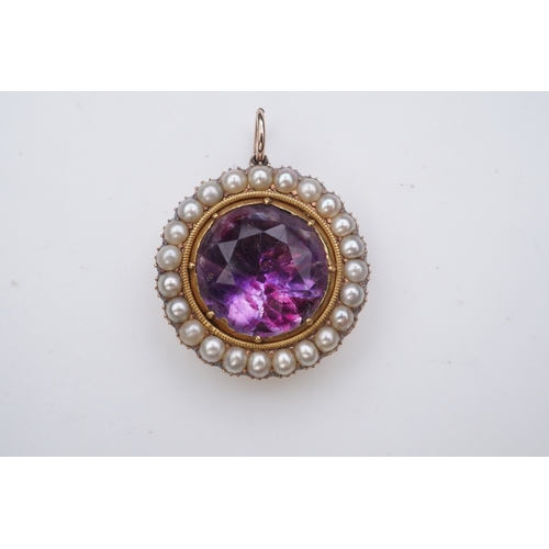 206 - A Victorian amethyst and half pearl pendant, mid 19th century, set with a circular-cut amethyst in a... 