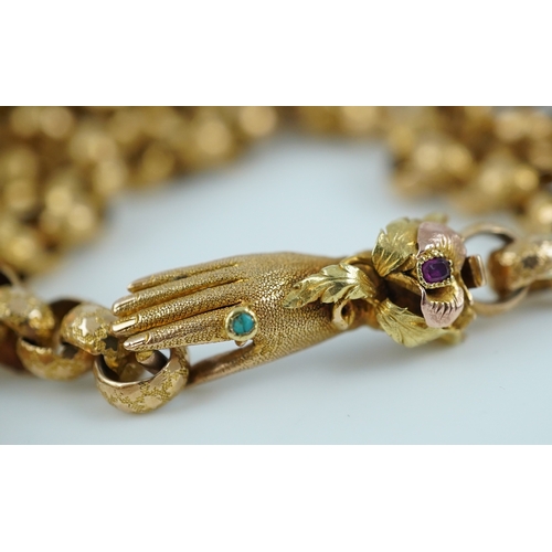 211 - An attractive Georgian gold long guard chain, early 19th century, composed of gold links stamped wit... 