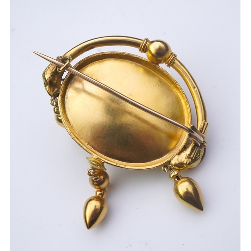 213 - An Archaeological Revival gold brooch, Papal States, 1860s, composed of an oval panel intricately mo... 