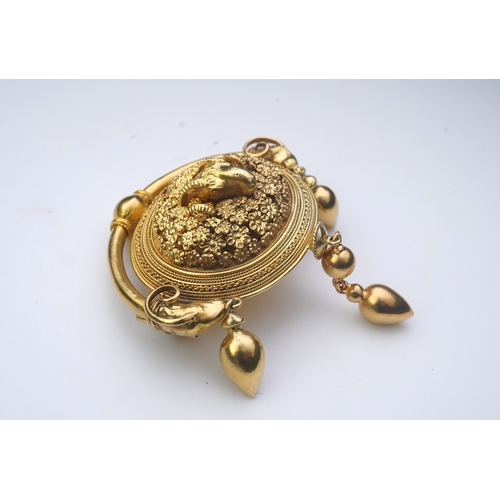 213 - An Archaeological Revival gold brooch, Papal States, 1860s, composed of an oval panel intricately mo... 