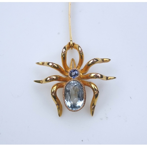 214 - An aquamarine and sapphire necklace, designed as a spider and fly, set with oval and circular-cut aq... 