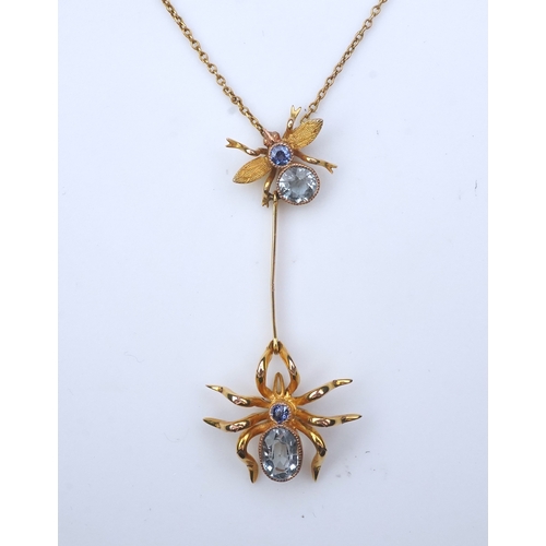 214 - An aquamarine and sapphire necklace, designed as a spider and fly, set with oval and circular-cut aq... 