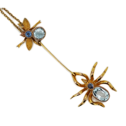 214 - An aquamarine and sapphire necklace, designed as a spider and fly, set with oval and circular-cut aq... 