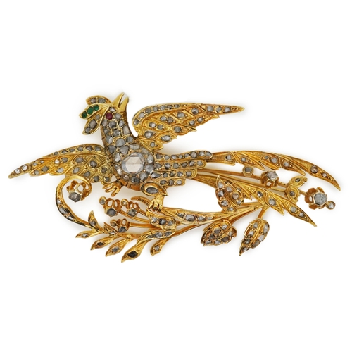 216 - A diamond brooch, designed as a crested bird on a floral spray, set with rose-cut diamonds, accented... 