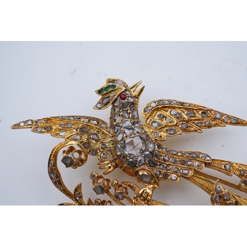 216 - A diamond brooch, designed as a crested bird on a floral spray, set with rose-cut diamonds, accented... 