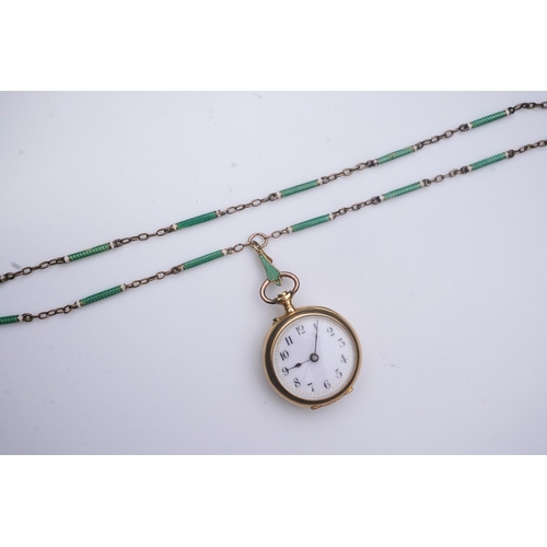 217 - A gold and enamel fob watch, early 19th century, the open-faced pocket watch with white enamel dial ... 