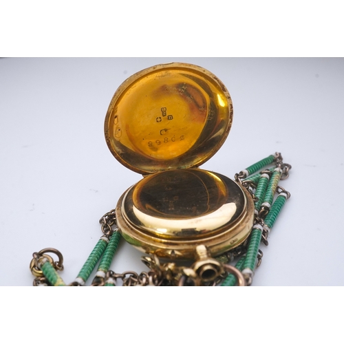 217 - A gold and enamel fob watch, early 19th century, the open-faced pocket watch with white enamel dial ... 