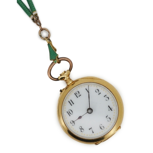 217 - A gold and enamel fob watch, early 19th century, the open-faced pocket watch with white enamel dial ... 