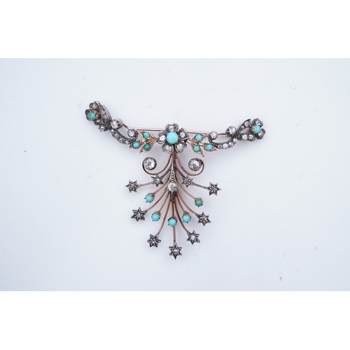 218 - A Victorian turquoise and diamond brooch, 19th century composite, designed as a floral festoon issui... 