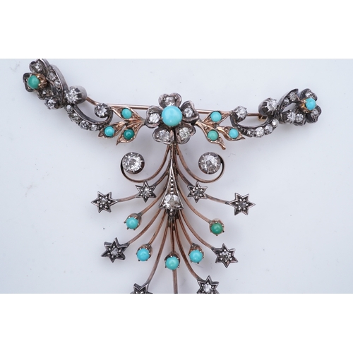 218 - A Victorian turquoise and diamond brooch, 19th century composite, designed as a floral festoon issui... 