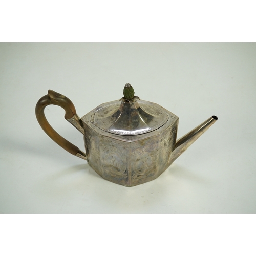 22 - A George III octagonal silver teapot, by Hester Bateman, with engraved roundel and scroll decoration... 