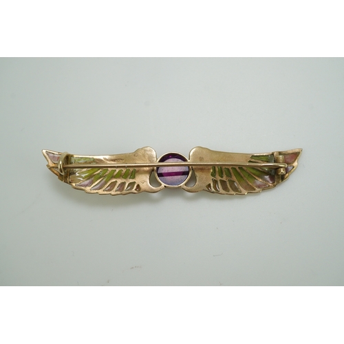 228 - An Egyptian Revival tourmaline and enamel brooch, circa 1900 centring on a cabochon pink tourmaline,... 