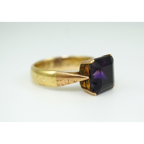 229 - A late Victorian amethyst ring, circa 1893 claw-set with a step-cut amethyst, inscribed '25 April 18... 