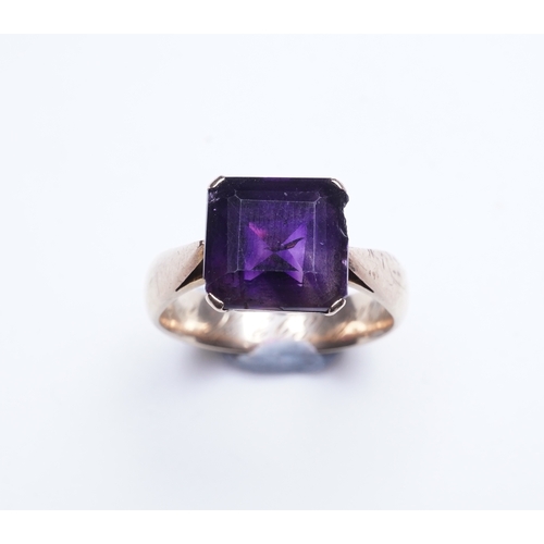 229 - A late Victorian amethyst ring, circa 1893 claw-set with a step-cut amethyst, inscribed '25 April 18... 