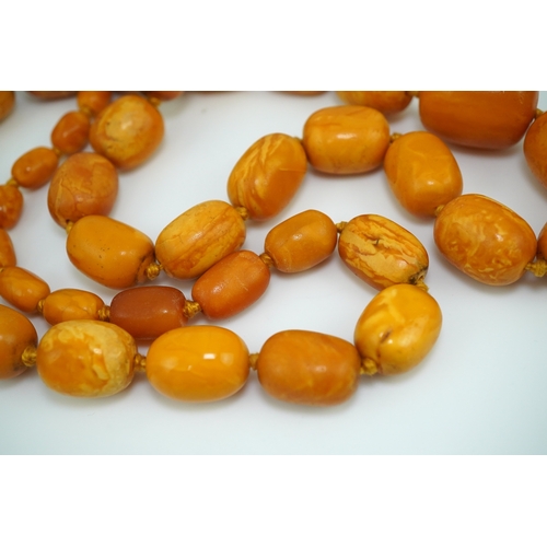 234 - A single strand graduated oval amber bead necklace, length 104cm, gross weight 163 grams