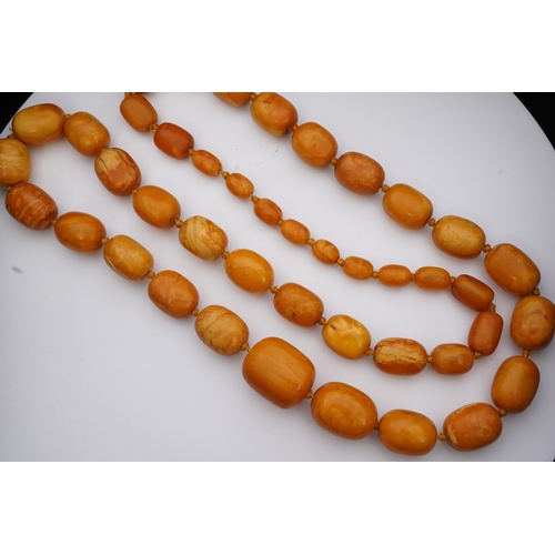 234 - A single strand graduated oval amber bead necklace, length 104cm, gross weight 163 grams