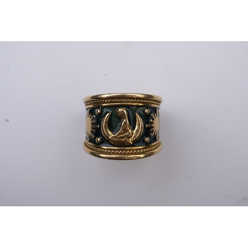 236 - Elizabeth Gage, an enamel zodiac 'Virgo' ring, circa 1990, the wide tapering band applied with green... 