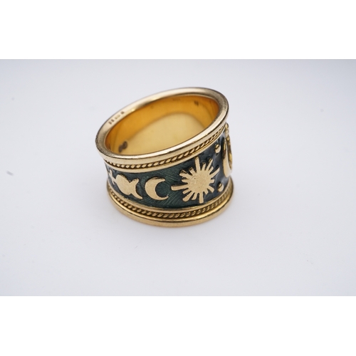 236 - Elizabeth Gage, an enamel zodiac 'Virgo' ring, circa 1990, the wide tapering band applied with green... 