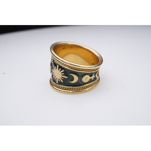 236 - Elizabeth Gage, an enamel zodiac 'Virgo' ring, circa 1990, the wide tapering band applied with green... 