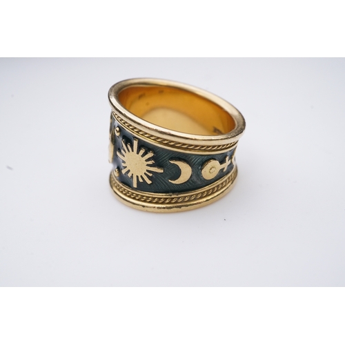 236 - Elizabeth Gage, an enamel zodiac 'Virgo' ring, circa 1990, the wide tapering band applied with green... 