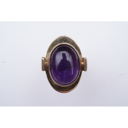 237 - Reeslev, an amethyst ring, Denmark, collet-set with a cabochon amethyst, within a polished oval bord... 