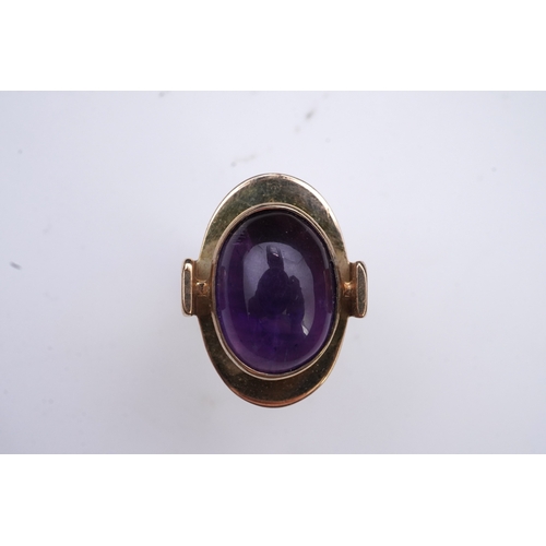 237 - Reeslev, an amethyst ring, Denmark, collet-set with a cabochon amethyst, within a polished oval bord... 