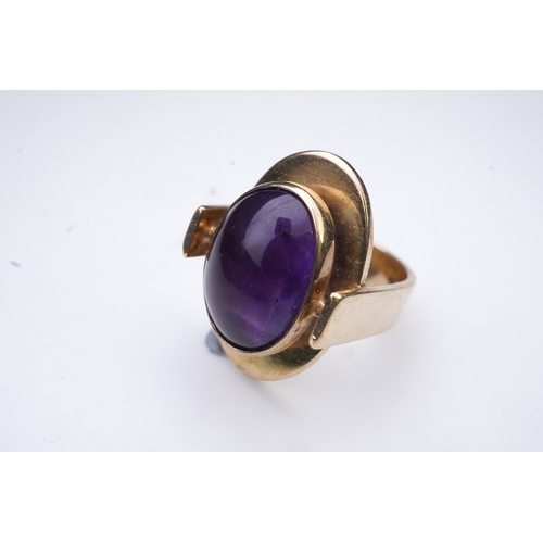 237 - Reeslev, an amethyst ring, Denmark, collet-set with a cabochon amethyst, within a polished oval bord... 