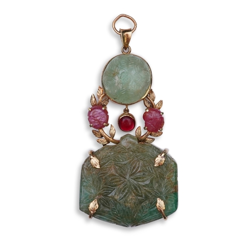 238 - An unusual Mughal-style emerald, ruby and synthetic ruby pendant, second half 20th century, composed... 