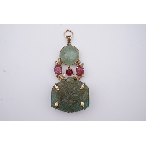 238 - An unusual Mughal-style emerald, ruby and synthetic ruby pendant, second half 20th century, composed... 