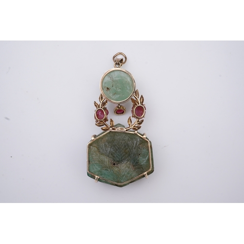 238 - An unusual Mughal-style emerald, ruby and synthetic ruby pendant, second half 20th century, composed... 