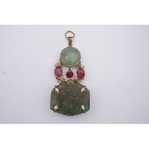 238 - An unusual Mughal-style emerald, ruby and synthetic ruby pendant, second half 20th century, composed... 