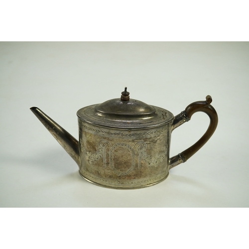 24 - A George III silver oval teapot, overstruck maker's mark, T?, with engraved swag and foliate decorat... 