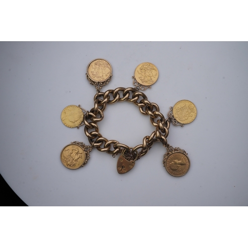 240 - An Edwardian 18ct gold charm bracelet and five gold coin pendants, the bracelet composed of curb lin... 