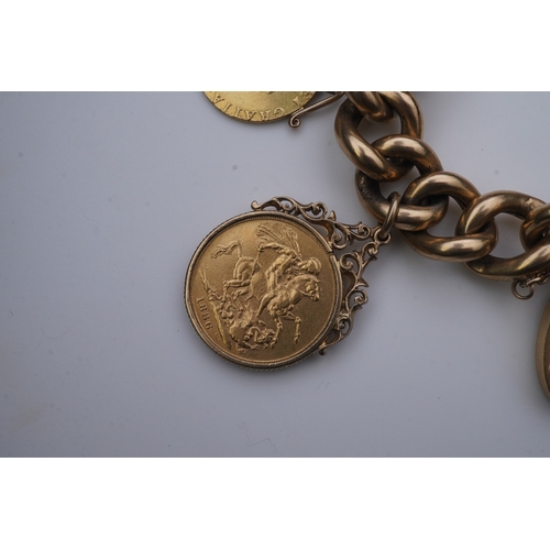 240 - An Edwardian 18ct gold charm bracelet and five gold coin pendants, the bracelet composed of curb lin... 