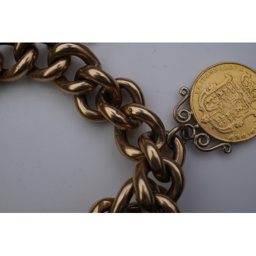 240 - An Edwardian 18ct gold charm bracelet and five gold coin pendants, the bracelet composed of curb lin... 