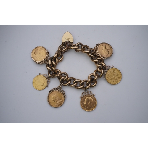 240 - An Edwardian 18ct gold charm bracelet and five gold coin pendants, the bracelet composed of curb lin... 