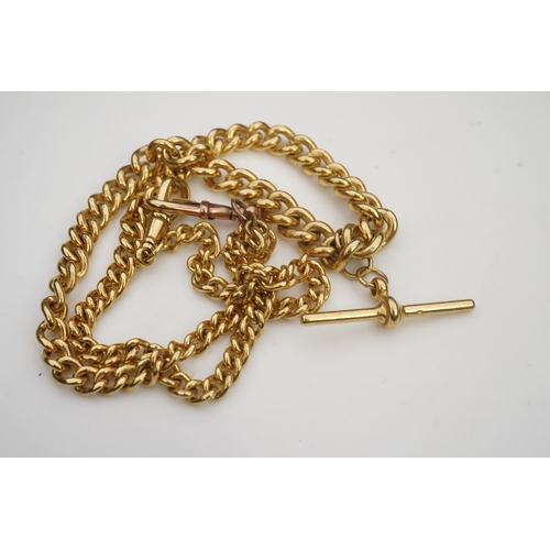 241 - A 9ct gold Albert chain, mid 20th century, composed of graduated curb linking to a T bar pendant, le... 