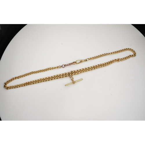 241 - A 9ct gold Albert chain, mid 20th century, composed of graduated curb linking to a T bar pendant, le... 