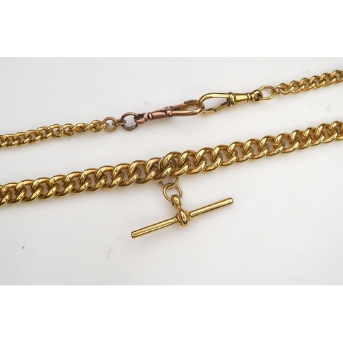 241 - A 9ct gold Albert chain, mid 20th century, composed of graduated curb linking to a T bar pendant, le... 