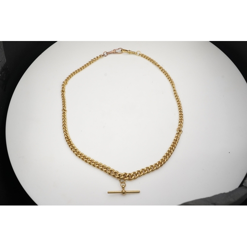 241 - A 9ct gold Albert chain, mid 20th century, composed of graduated curb linking to a T bar pendant, le... 