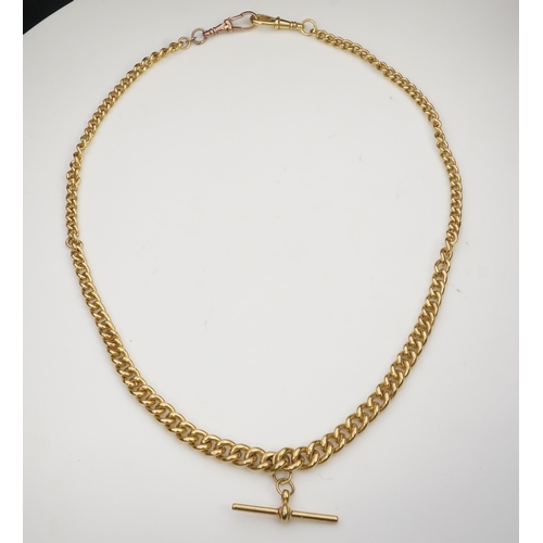 241 - A 9ct gold Albert chain, mid 20th century, composed of graduated curb linking to a T bar pendant, le... 