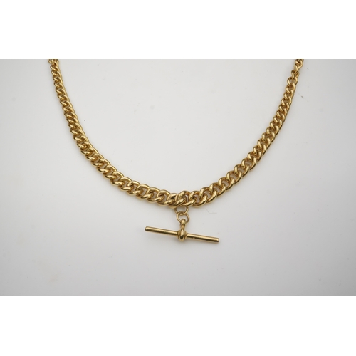 241 - A 9ct gold Albert chain, mid 20th century, composed of graduated curb linking to a T bar pendant, le... 