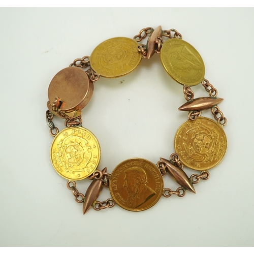 242 - A late 19th century gold coin bracelet, with torpedo links and set with five South African gold half... 