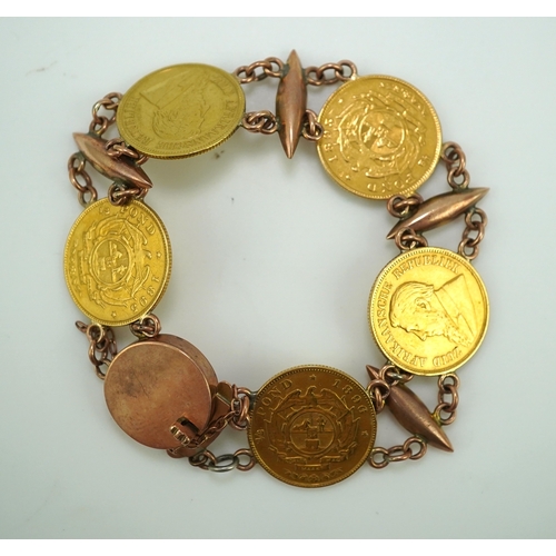 242 - A late 19th century gold coin bracelet, with torpedo links and set with five South African gold half... 