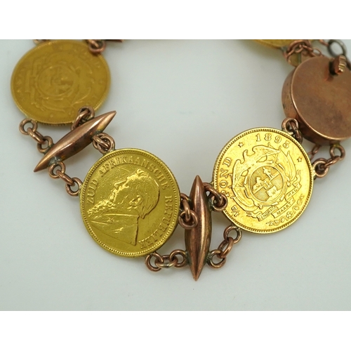 242 - A late 19th century gold coin bracelet, with torpedo links and set with five South African gold half... 