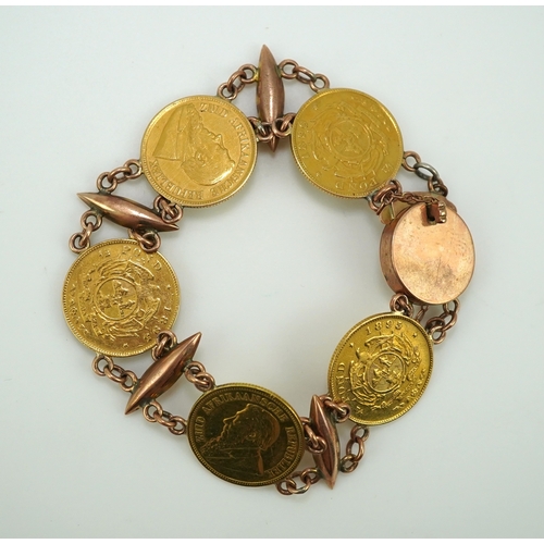 242 - A late 19th century gold coin bracelet, with torpedo links and set with five South African gold half... 